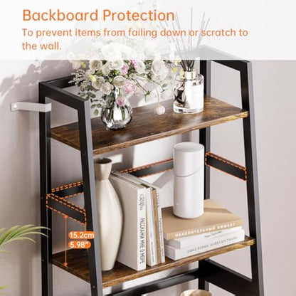 HITNET Ladder Shelf, 4 Tier Bookshelf, Freestanding Bathroom Storage Shelving Unit with Bamboo Frame for Living Room, Home Office, Bedroom, Rustic Brown and Black