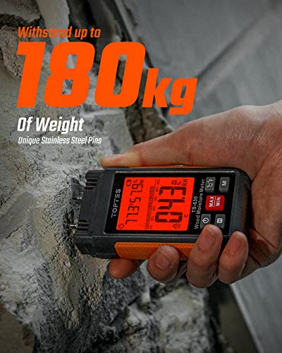 TopTes TS-630 Moisture Meter, Wood Moisture Meter with 2.25-inch 3 Colours Backlit LCD, Use for Log/Firewood/Lumber, Tracing Water Leak Dampness in Walls/Drywall/Floors, 7 Modes - Orange