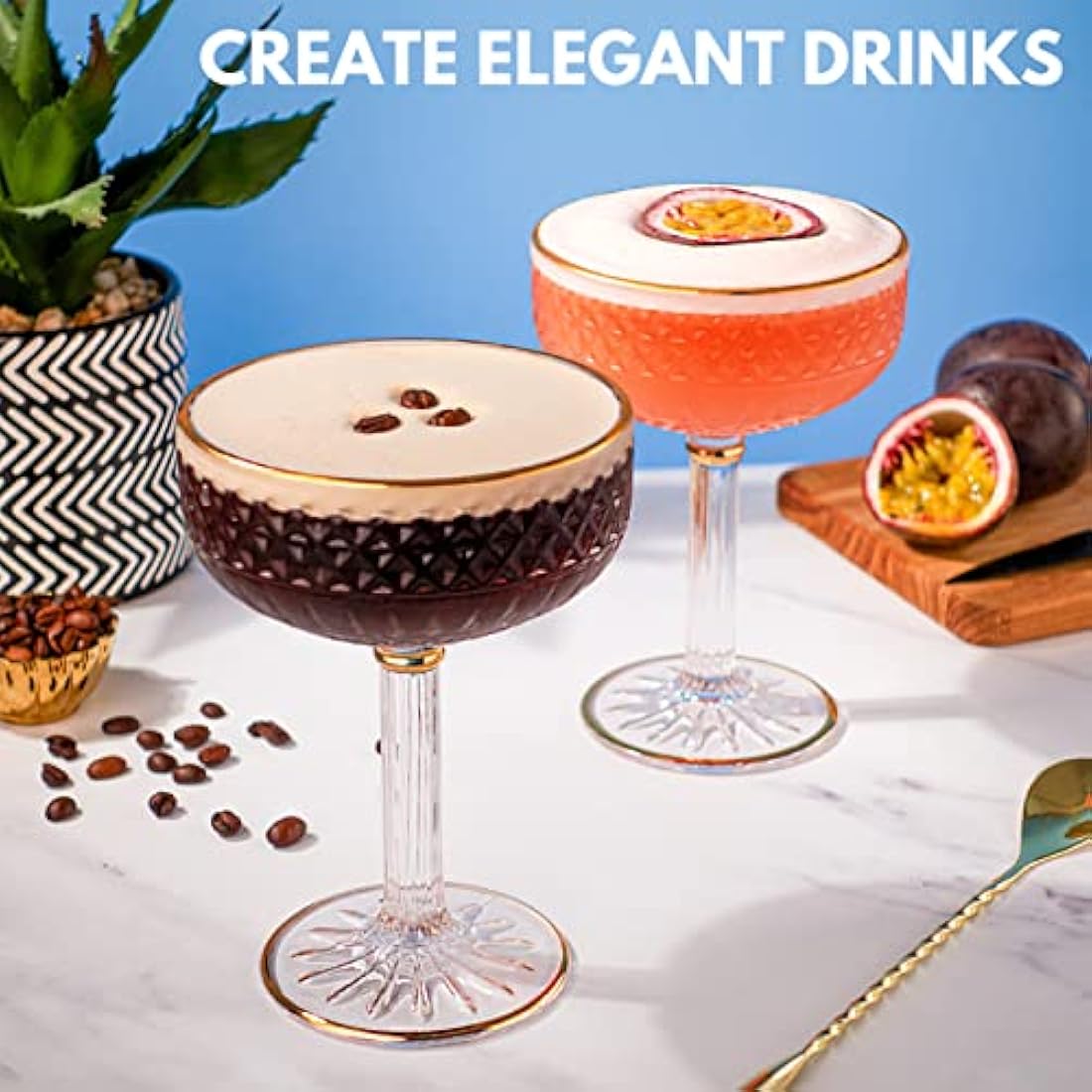 Art Deco Espresso Martini Glasses with Gold Rims| Coupe Cocktail Glasses Set of 2 | Handmade Crystal | Quality Champagne Coupe/Champagne Saucers + Recipe PDF| Large Cocktail Glass | Serve Mocktails