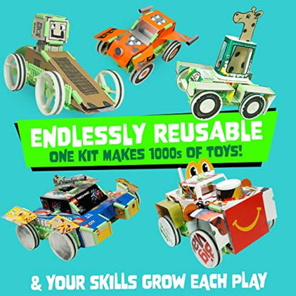 JUNKO Zoomer Toy Car Kit - Transform boxes, bottles, juice cartons... into Toy Cars. Made from Recycled Plastic. Endlessly Reusable Art, Craft & Build Kit. Lego® compatible.