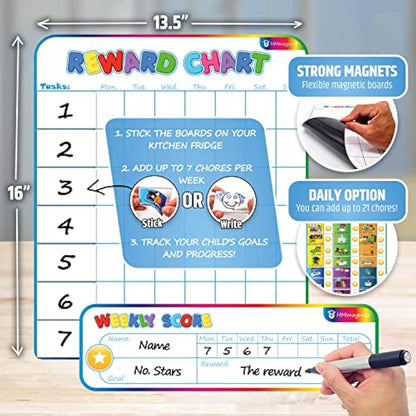 Large Magnetic Reward Chart for Kids - 127 Pre-Written Stickers (Including Potty Training) + 30 Customizable Chores - Behavior, Responsibility & Incentive Routine Star Chart for Fridge (1 Kid Version)