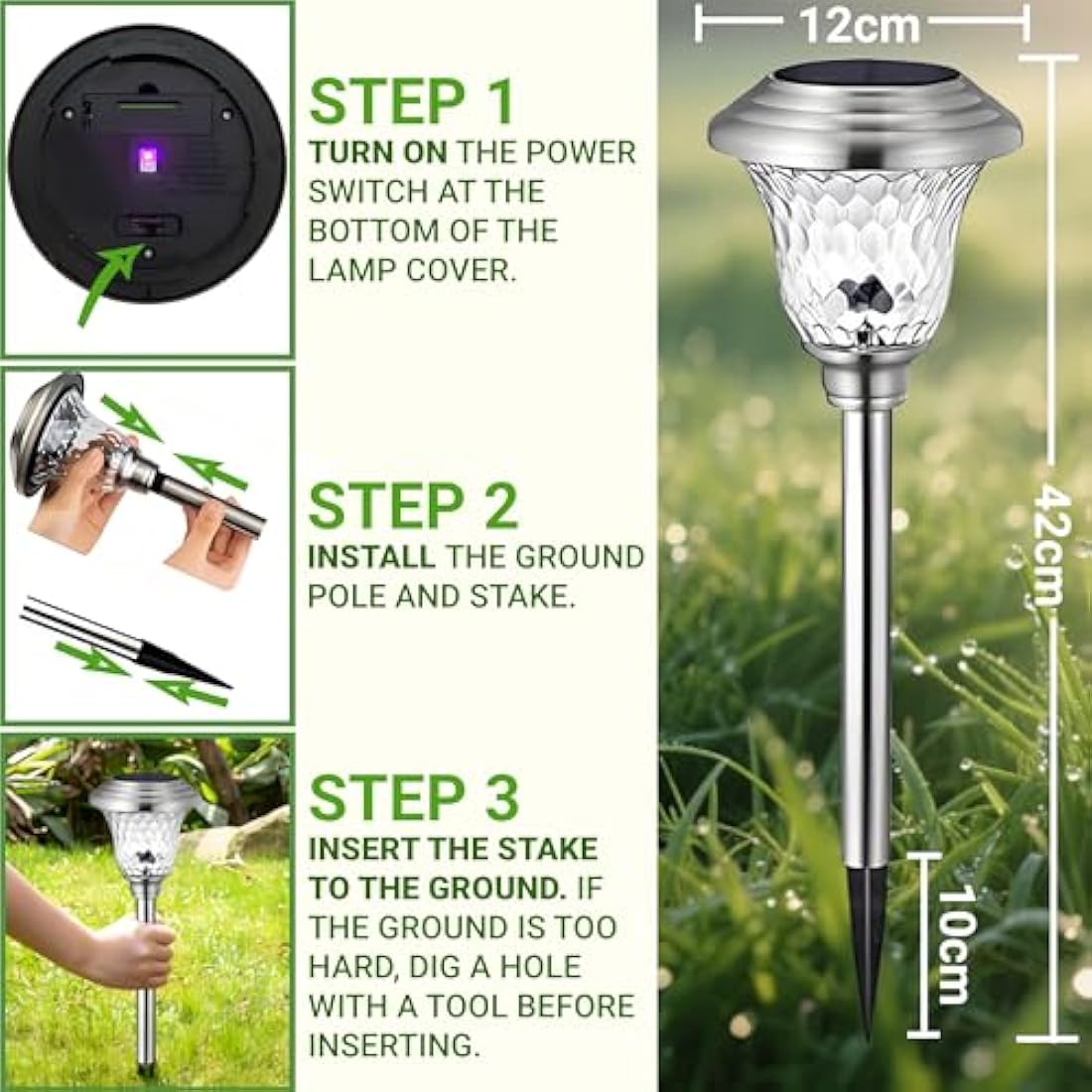 BEAU JARDIN 8 Pack Metal Garden Solar Lights Outdoor Waterproof 900mAh LED Solar Stake Lights Weatherproof Glass Lens Stainless Steel Pathway Lighting Sun Powered Landscape Lawn [Energy Class A]