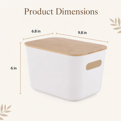 YAGOKKI 2 Pack Plastic Storage Boxes with Lid, 9.8 x 6.8 x 6.0 in Organising Boxes with Wood Lid, Stackable White Storage Box for Desktop Office