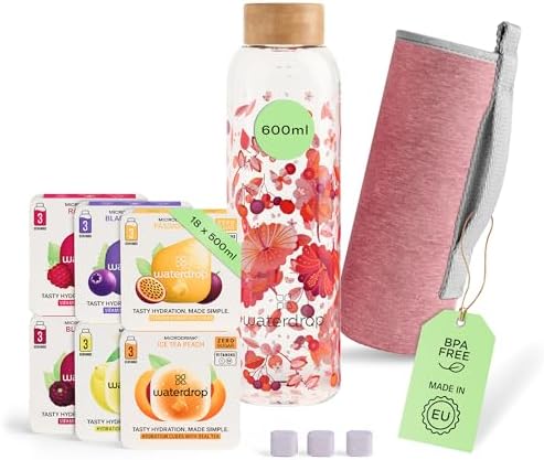 Microdrink waterdrop® Glass Starter Set – 600ml Borosilicate Glass Bottle + 18 Sugar-Free Hydration Cubes in 6 Flavours, Vitamin C & B Infused, BPA Free Water Bottle, Gift Set