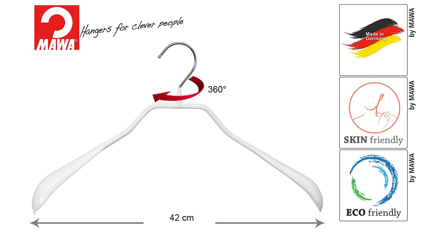 Coat hangers, 25 pieces, body-shaped metal hangers for jackets, coats, blazers and jackets, 360° rotating hook, anti-slip coating, 42 cm wide, white
