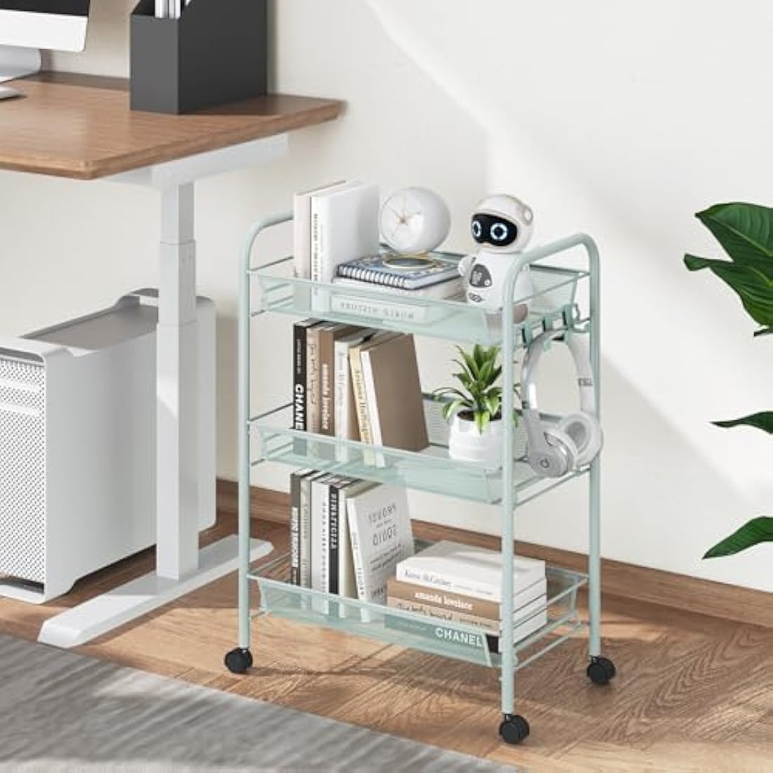 APEXCHASER 3-Tier Rolling Cart,Easy Assemble Mobile Storage Trolley On Wheels,Slide Out Utility Cart Shelving Units Kitchen Bathroom Laundry Room,Green