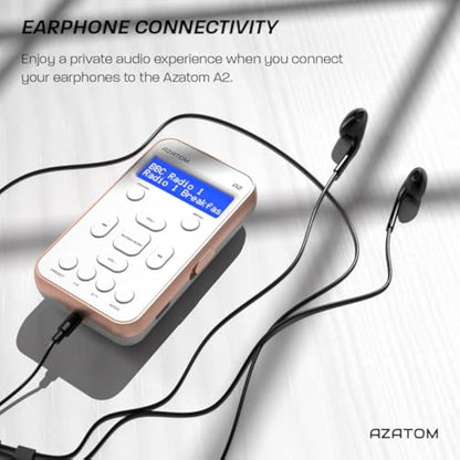 Portable DAB/DAB+ & FM Digital Radio | Sports Earphones Included | Clear Digital Display | Rechargeable Battery (10-12 Hours) | Perfect for Sports, Hiking or Working | AZATOM A2 (White/Rose Gold)