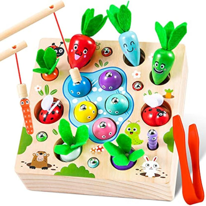 COOLJOY Wooden Fishing Game Toy, 4 In 1 Magnetic Montessori Toys for 2 Year Olds, Carrots Harvest Toy Shape Sorter, Toddler Educational Gift for 2 3 4 Year Olds Girls Boys