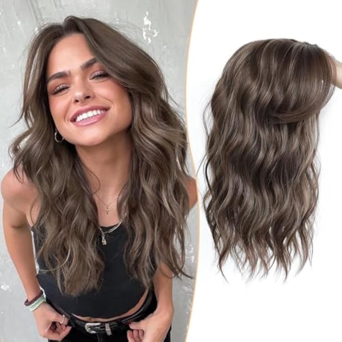 MORICHY 16Inch Wavy Curly Fringe Clip in Hair Topper - Add Volume & Thickness for Women (Brown Highlights)