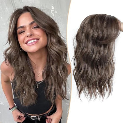 MORICHY 16Inch Wavy Curly Fringe Clip in Hair Topper - Add Volume & Thickness for Women (Brown Highlights)