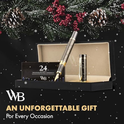 Wordsworth & Black Primori Fountain Pen Set [Gunmetal Gold]; Extra Fine Nib, Gift Case, 24 Ink Cartridges, Refill Converter, Manual; Journaling, Calligraphy, Smooth Writing Pens; Left and Right Handed