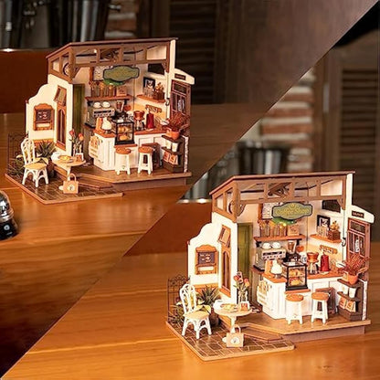 ROBOTIME DIY Wooden Dollhouse Set with Miniature Furniture, Model Building Set with Accessories and LED, Model Kit for Adult and Children, Holiday Birthday (NO.17 Coffee)