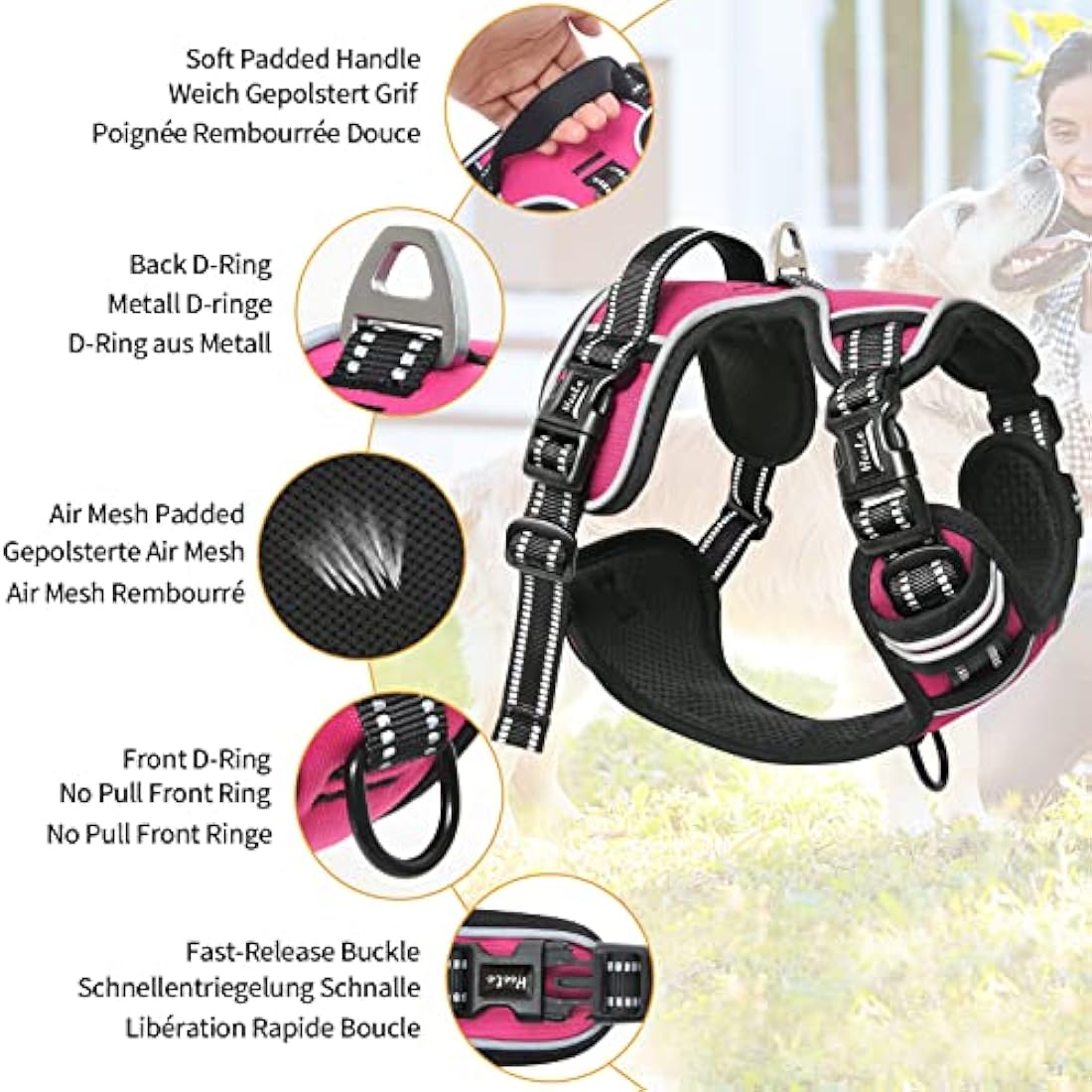 HEELE No Pull Dog Harness, Release on Neck, Reflective Adjustable Dog Harness with Front Back 2 Leash Attachments and Soft Padded Control Handle for Small Medium Large Dogs, Fuchsia, S