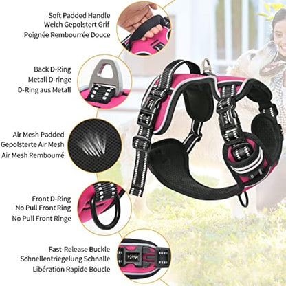 HEELE No Pull Dog Harness, Release on Neck, Reflective Adjustable Dog Harness with Front Back 2 Leash Attachments and Soft Padded Control Handle for Small Medium Large Dogs, Fuchsia, S