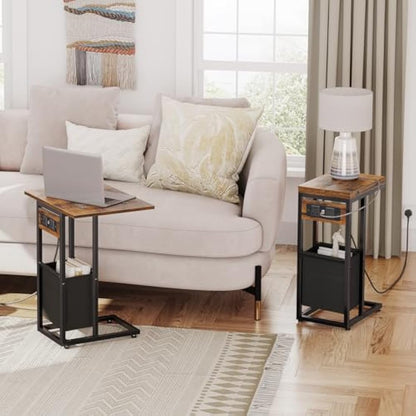 HOOBRO Bedside Table with Charging Station, C Shaped Side Table, Foldable Sofa Side Table Small Tables, 2 USB Ports and 2 AC Outlets, Laptop Table with Fabric Bag, Rustic Brown and Black EBF30KSF01