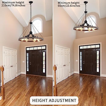MRHYSWD Wagon Wheel Chandeliers Ceiling Light for Living Room, 6 Lights Rustic Industrial Outdoor Chandelier Black Pendant Light Fitting for Dining Room Kitchen Hallway Bedroom, Height Adjustment