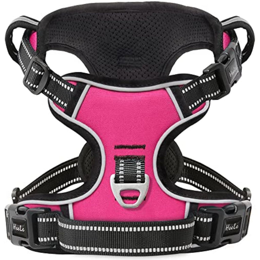 HEELE No Pull Dog Harness - Reflective, Adjustable with Front/Back Leash Attachments & Soft Padded Control Handle for Small to Large Dogs, Fuchsia, L