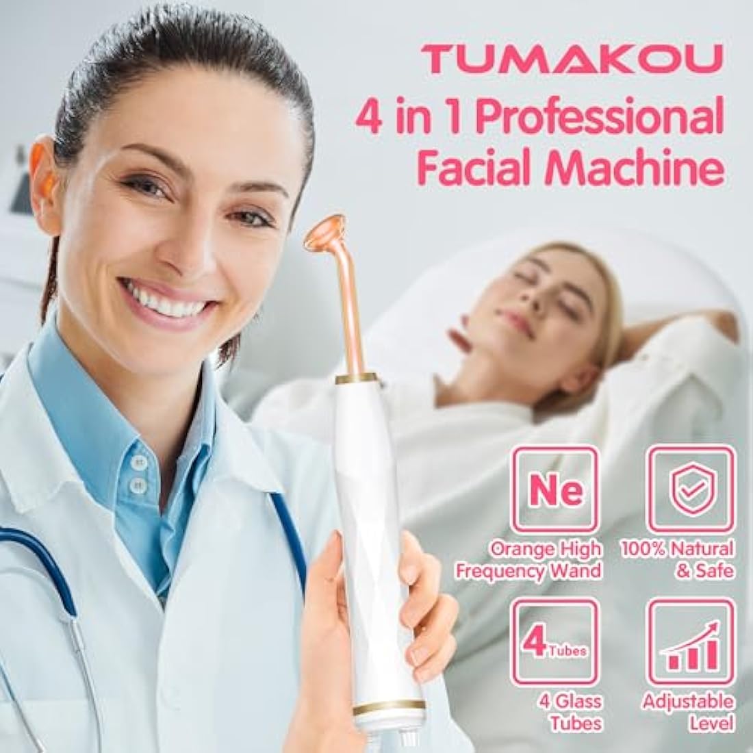 High Frequency Facial Machine - TUMAKOU Neon Portable High Frequency Facial Skin Light Therapy Wand Device with 4 Electrodes for Acne, Wrinkle Removal, Hair Regrowth, Skin Tightening, Anti Aging