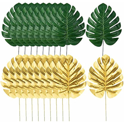 Artificial Palm Leaves, 20 Pcs Faux Monstera Leaves Golden Fake Jungle Leaf Tropical Leave with Stems for Hawaiian Jungle Theme Tropical Party Table Decorations