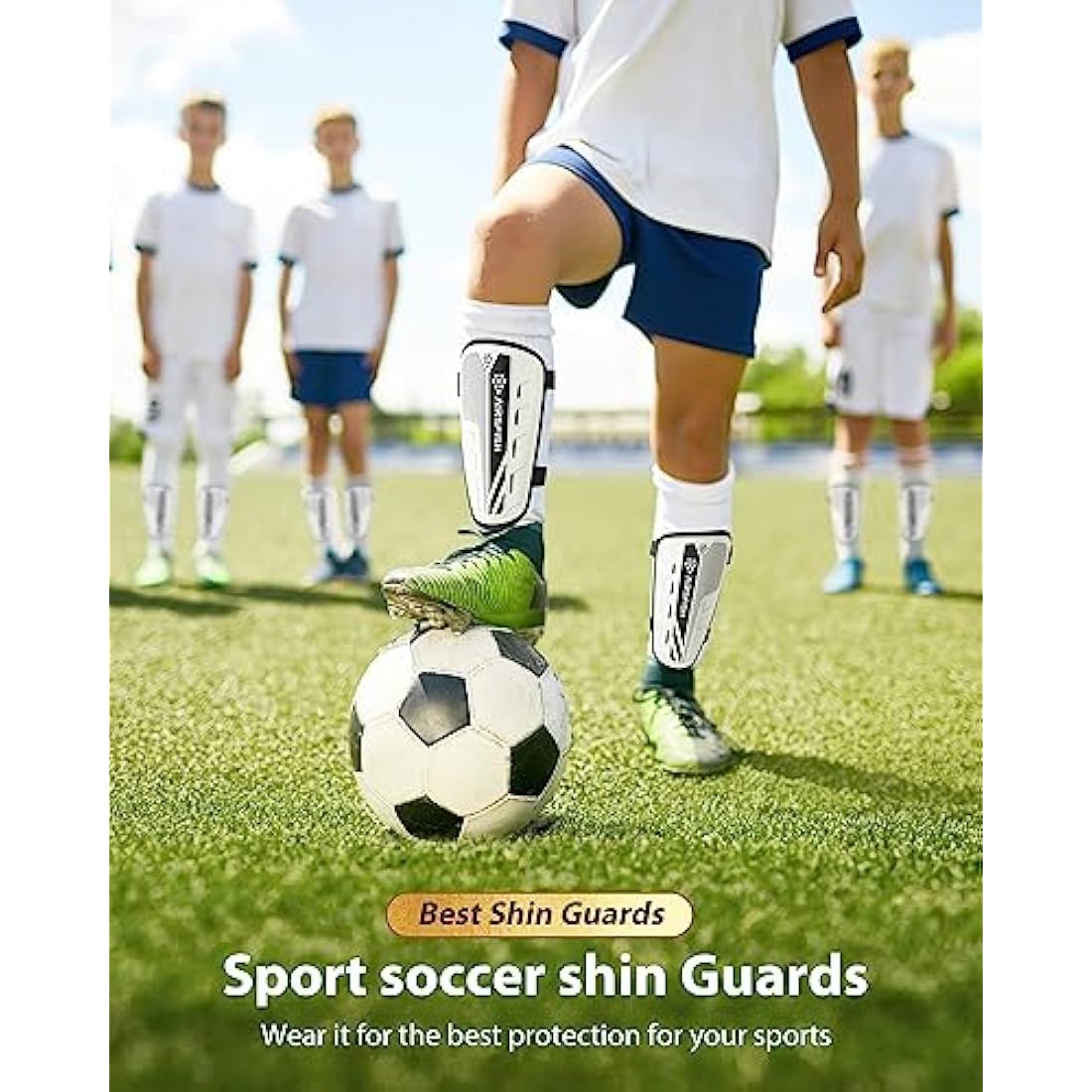 AirsFish Shin Pads Boys CE Certified Kids Shin Pads with Ankle Protection,Breathable Non Slip Extended Adjustable Straps (Black-White, XS(100-120CM))