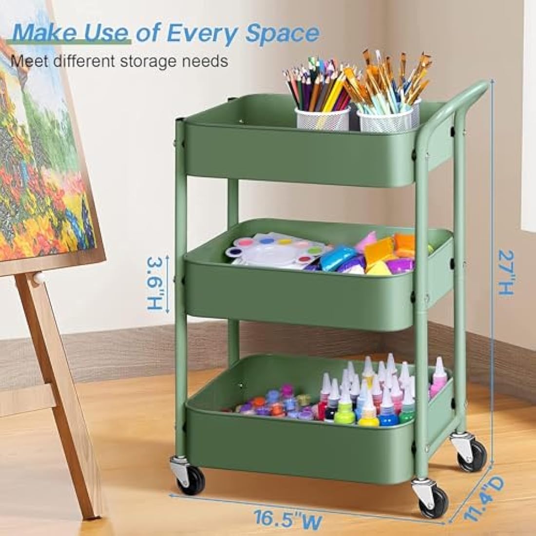 MISSLO Storage Trolley 3 Tier Rolling Cart with Wheels and Handle, Under Desk 27" Height Small Metal Utility Cart Organizer Rack Shelf, Mobile Book Cart for Office, Kitchen, Bathroom (Green)