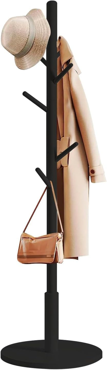 edihome, Coat Stand with Round Base, Freestanding Coat Rack with 8 Hooks, 172 x 38 x 38 cm, Wooden Hall Tree for Coats, Hats, Jackets