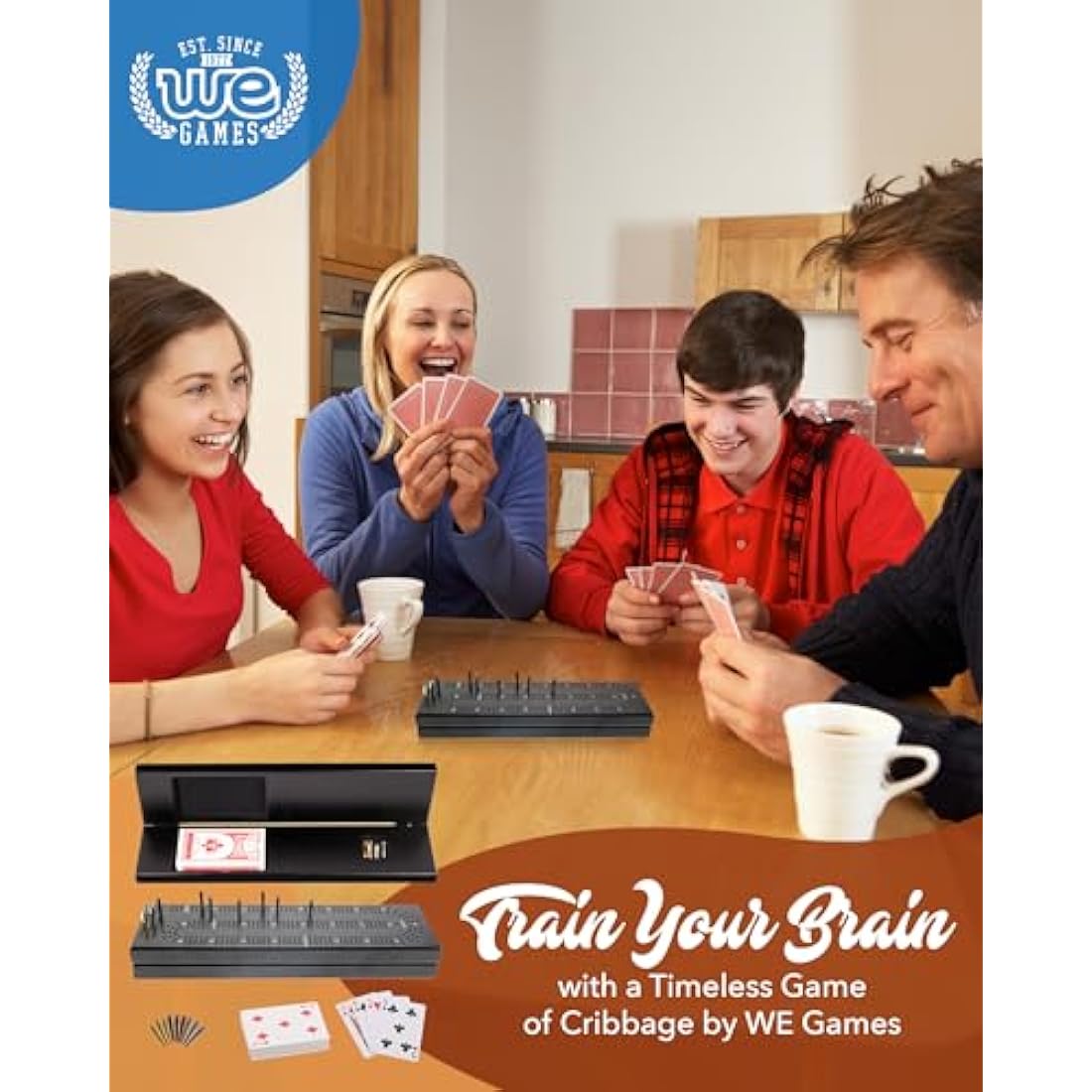 WE Games Cribbage Board With Pegs - Travel Board with 9 Metal Pegs & Playing Cards for Fun Family Game Night, Black Stained