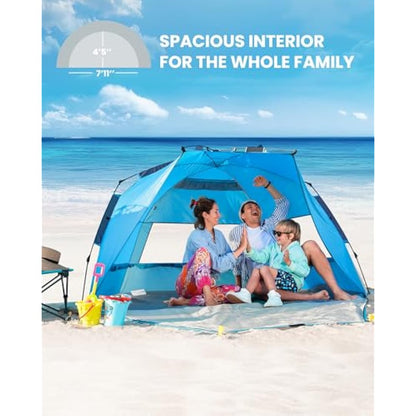 OutdoorMaster Pop Up 3-4 Person Beach Tent X-Large - Easy Setup, Portable Beach Shade Canopy Folding Sun Shelter with UPF 50+ UV Protection Removable Skylight Family Size