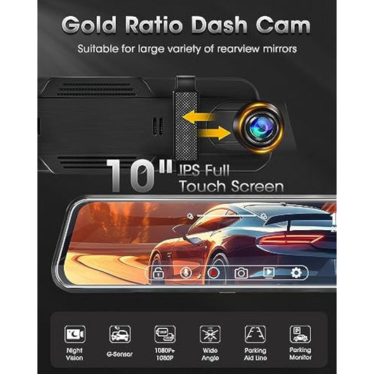 【Upgraded】10 Inch Mirror Dash Cam Night Vision 1080P Full Touch Screen Dual Dash Cam Front and Rear Camera Car Rear View Mirror Loop Recording 170° Wide Angle Parking Assistance