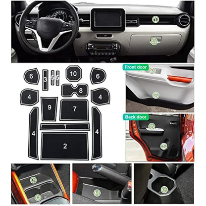GAFAT Suzuki Ignis 2017-2024 2025 Non-Slip Mats, Rubber Mats for Car Centre Console Armrest, Drink Holder, Door Slots, Suzuki Ignis Accessories (White)