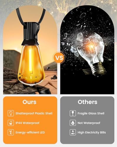 Torkase Outdoor String Lights Mains Powered,120FT/36M Garden Festoon Lights with 60+2 Shatterproof ST38 Plastic LED Edison Bulbs Waterproof for Outside Patio Pergola Gazebo Décor Wedding Cafe