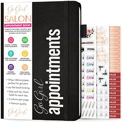 GoGirl Salon Appointment Book – Reservation Book for Beauty Salons, Spas, Hair Stylists, Estheticians – Appt Booking Planner, 18x25.5cm (Black)