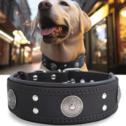 Leather Dog Collar, 5 cm Wide Genuine Leather, Handmade and Soft, Luxurious and Outstanding, Best Choice for Large and Medium Breeds, Black 49.5-60 cm