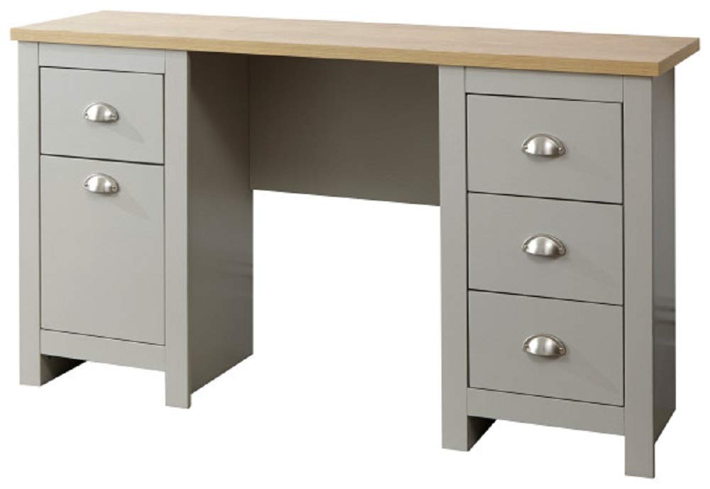 GFW Lancaster Grey and Oak Study Desk, Home Office Desk with 1 Door Cupboard and 4 Drawers, Country Style Computer Workstation