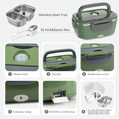 BYbrutek Electric Lunch Box 100W, 1.5L Removable Stainless Steel, 3-in-1 Portable Heated Lunch Box, 12V/24V/220V Insulated Heat Box for Car/Truck/Office/Home (Green, 1.5L)