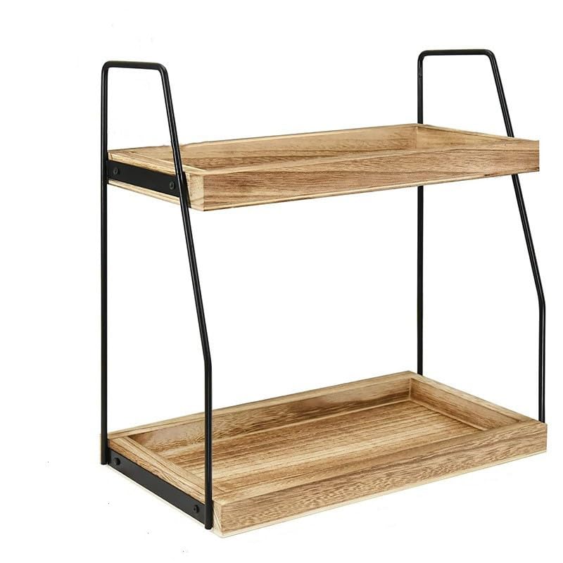BRAVECOW Coffee Station Organizer, Desktop Table Surface Shelf Stand Wooden Display Storage Rack 2 Tier Condiment, Makeup Tools