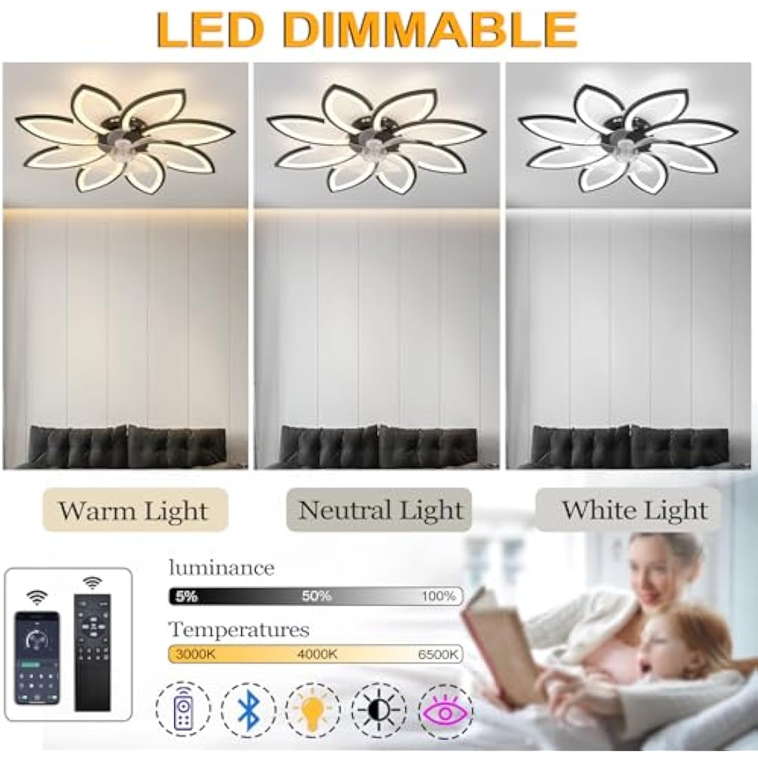 YUNZI Mute Ceiling Fan with Light with Remote Control, LED Dimmable Fan Ceiling Lamp, Modern Ceiling Fan Lighting for Living Room Bedroom Office, Adjustable 6 Speeds, White 90CM