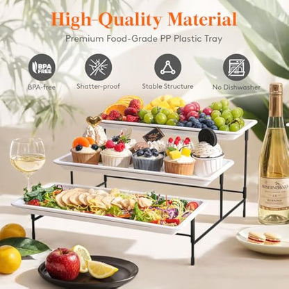 Lifewit 3-Tier 35.5x16.5cm Plastic Serving Platter, Reusable Tray with Collapsible & Stable Metal Stand – Ideal for Lightweight Food Display at Party, Afternoon Tea Cake, Fruit, Cookies, Dessert