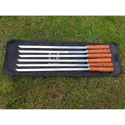 Kebab BBQ Stainless Steel Skewers 6pcs with Wooden Handles. Skewer Length 41cm. Blade Length 30cm Width 1cm Thick 2mm with Storage Pouch