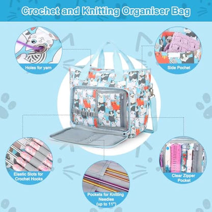 Aeelkie Knitting Bag Large, Crochet Bag Yarn Storage Bag, Craft Bag with Compartments, Portable Knitting Storage Organiser Tote Bag for Carrying Projects, Wool, Knitting & Crochet Tools, Cute Blue Cat