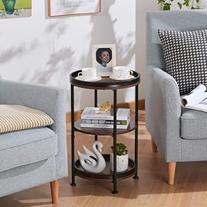 YEAKOO Industrial Nordic End Table, 3-Tier Round Side Table with Storage Shelf Edge Protection Tray, Sturdy Metal Frame Coffee Table Bedside Table for Living Room Bedroom Small Spaces/Rustic Brown