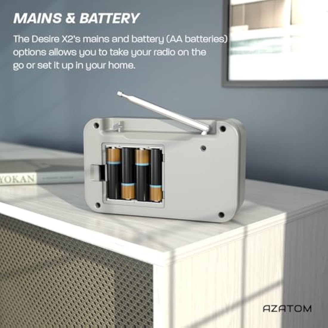 DAB/DAB+ & FM Portable Digital Radio | Simple Controls | Dual Alarms & Sleep Timer | Battery & Mains Powered (4x”AA”) | Bluetooth | Perfect for Home, Office or Outdoors | AZATOM Desire X2 (Grey)