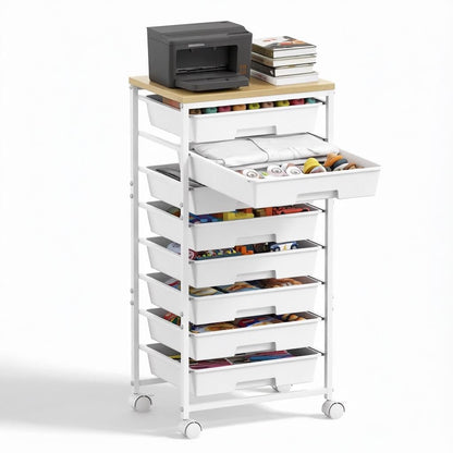 8 Drawer Rolling Storage Trolley with Wooden Worktop, Plastic Drawer Organiser Cart on Wheels with Lockable Silent Castors & Anti-Fall Latch