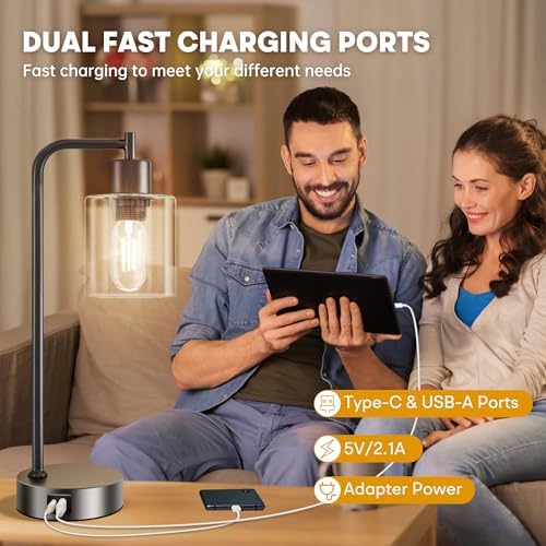 Homelist Touch Lamp Bedside Set of 2, Dimmable Bedside Lamps with USB C+A Charging Ports, Plug in Bedside Table Lamps for Bedroom, Nightstand, Industrial Touch Lights for Home Office-Bulbs Included
