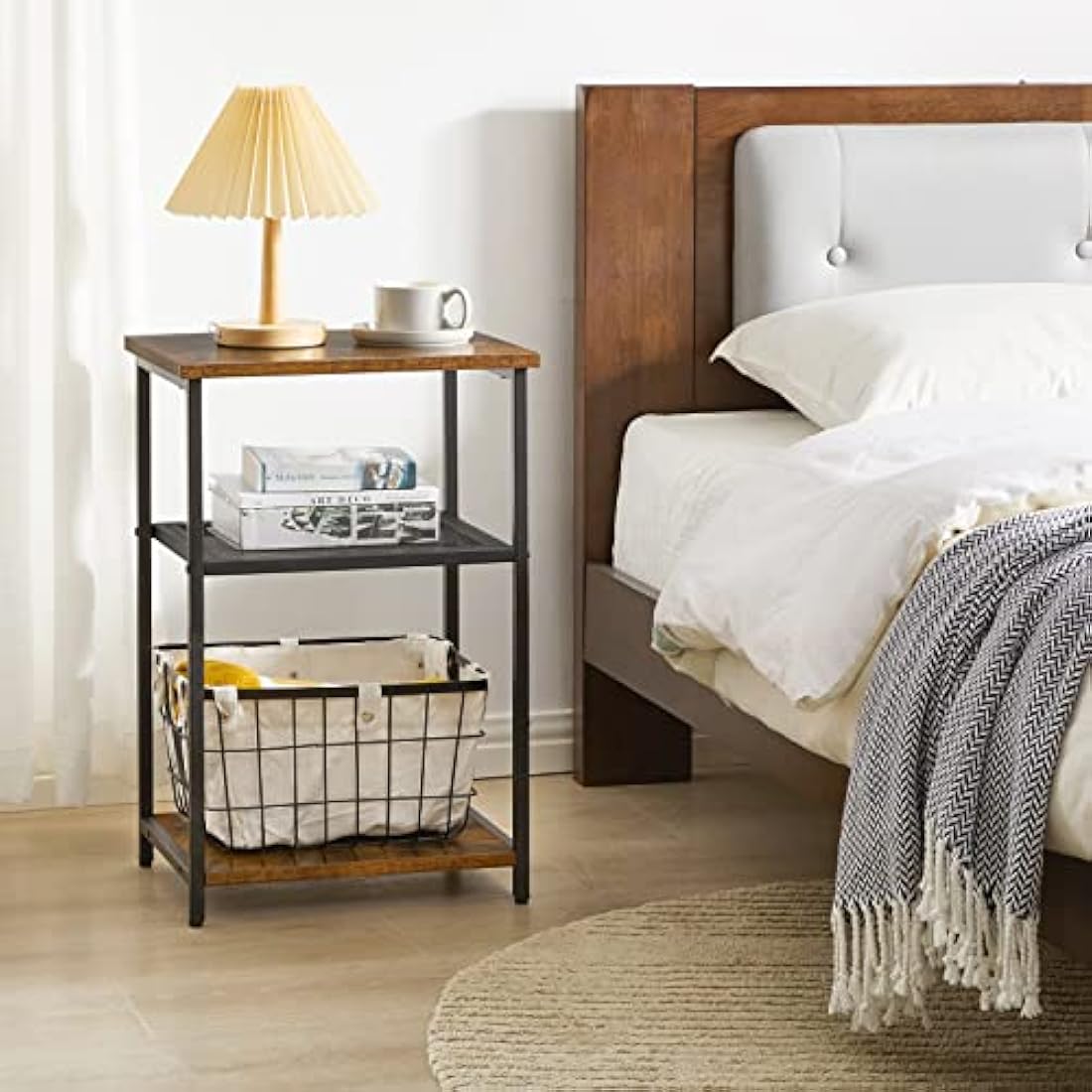 IBUYKE Side Table, 3-Tier End Table, Industrial Nightstand Small Table with Storage Shelf, Bedside Table for Bedroom, Living Room, Hallway, with Metal Frame, Rustic Brown TMJ403H