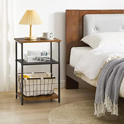 IBUYKE Side Table, 3-Tier End Table, Industrial Nightstand Small Table with Storage Shelf, Bedside Table for Bedroom, Living Room, Hallway, with Metal Frame, Rustic Brown TMJ403H