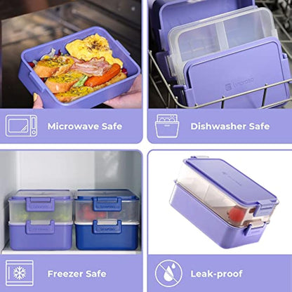 linoroso Bento Lunch Box for Adults with 3 Compartments Lunchbox with Sauce Container and Utensils, Bento Boxes for Microwave and Dishwasher Plastic BPA-Free As Sandwich Snack Salad Box - Veri Peri
