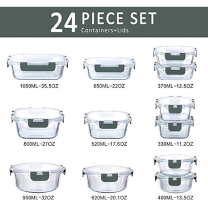 MCIRCO 24-Piece Glass Food Storage Containers with Snap Locking Lids, Glass Meal Prep Containers Set, Airtight Lunch Containers, Microwave, Oven,Freezer and Dishwasher Friendly