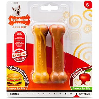 Nylabone Extreme Tough Dog Chew Toy Bones, Cheeseburger & Apple Flavour, 2-piece, Small, For Dogs Up To 11 kg