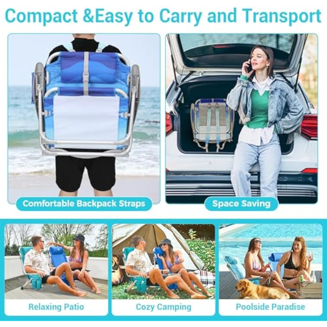 #WEJOY 4-Position Folding Beach Chair - Lightweight Aluminum Camping Chair for Adults, High Back Recliner with Pillow & Storage Pocket, Portable